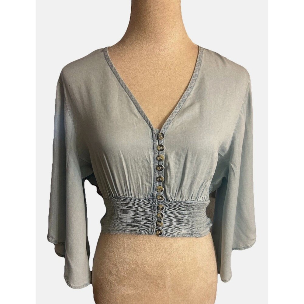 Miss Selfie Smocked Hem Button Front V-Neck Crop Top Blue Bell Sleeves Sz M